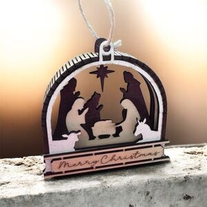 3D Layered Painted Wood Nativity Ornament – “Merry Christmas”